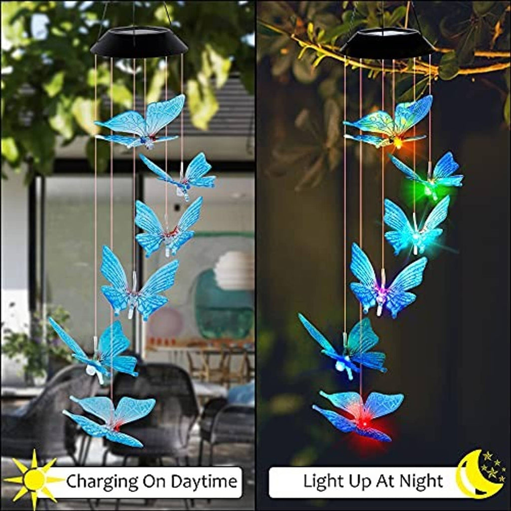 Multicolor LED butterfly wind chime with glowing butterflies hanging from a black top