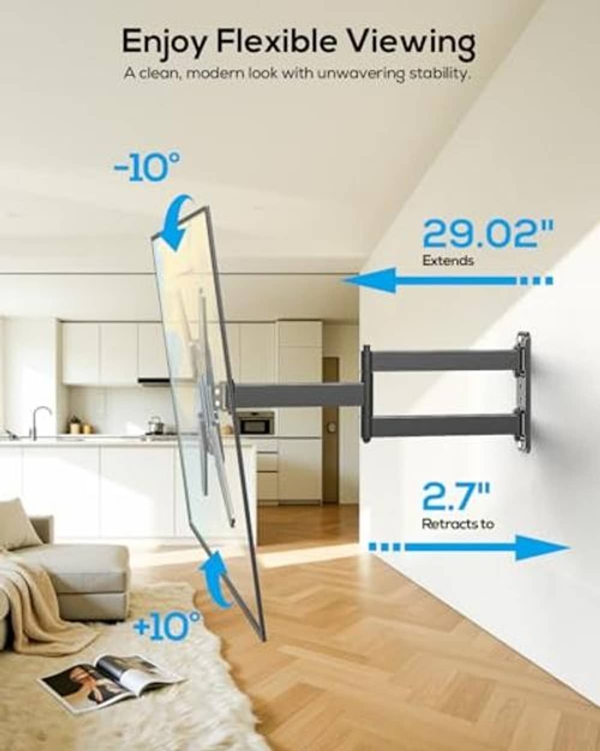 Corner TV wall mount bracket with extended and retracting arms for flexible viewing