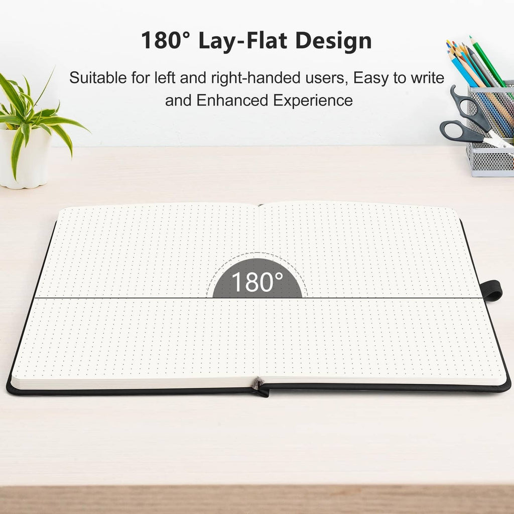 Black A5 dotted journal notebook laid flat showing 180-degree lay-flat design