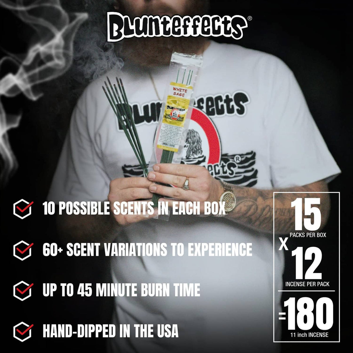 Hand-dipped incense sticks variety box showing 15 packs and up to 180 sticks