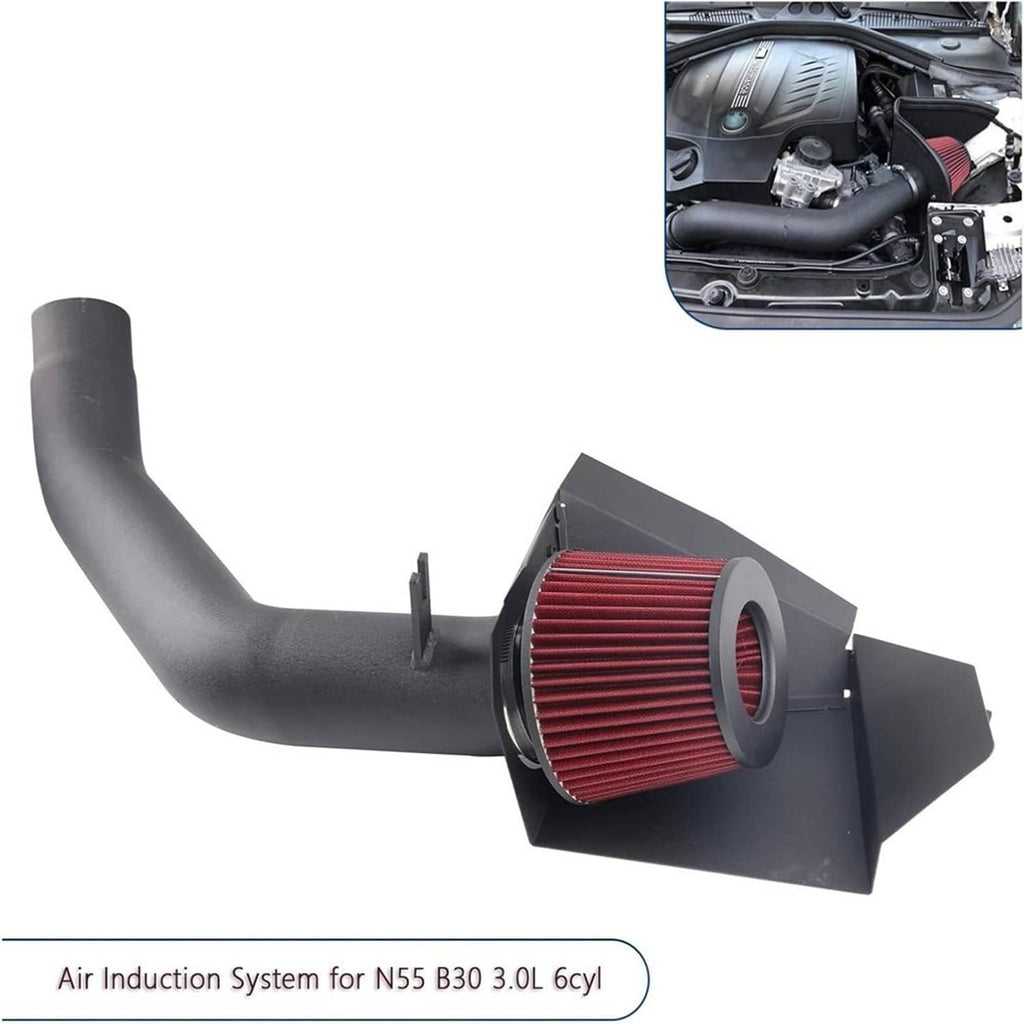 Cold air intake system with black intake elbow and red panel filter on airbox
