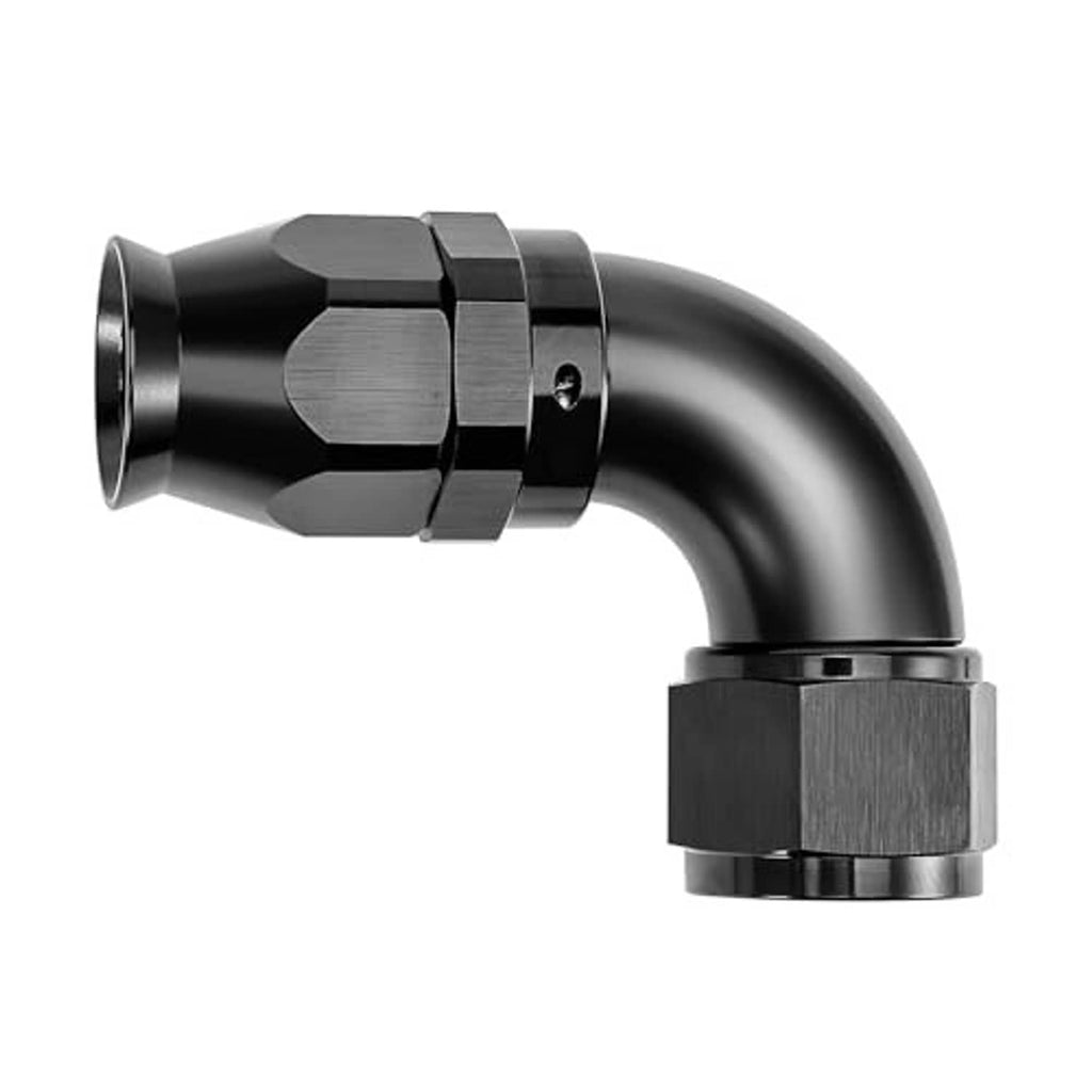 Black 6AN 90-degree hose fitting with hex body, collar nut, and curved elbow tube