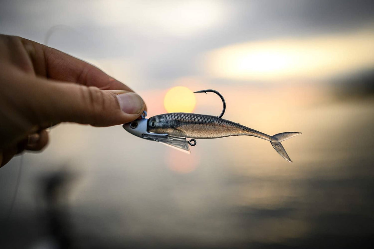 Minnow fishing lure with treble hook, silver-blue body held at sunset