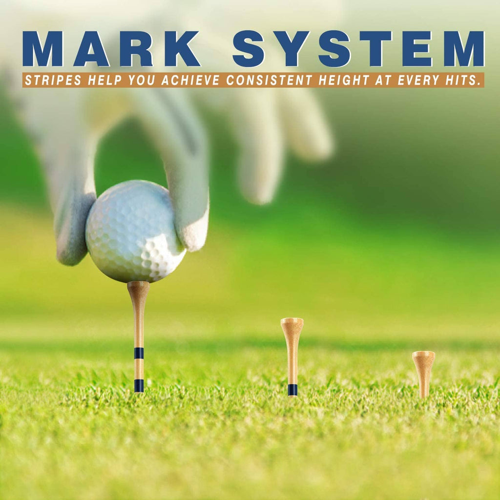 Bamboo golf tees with blue stripe bands standing near a golf ball