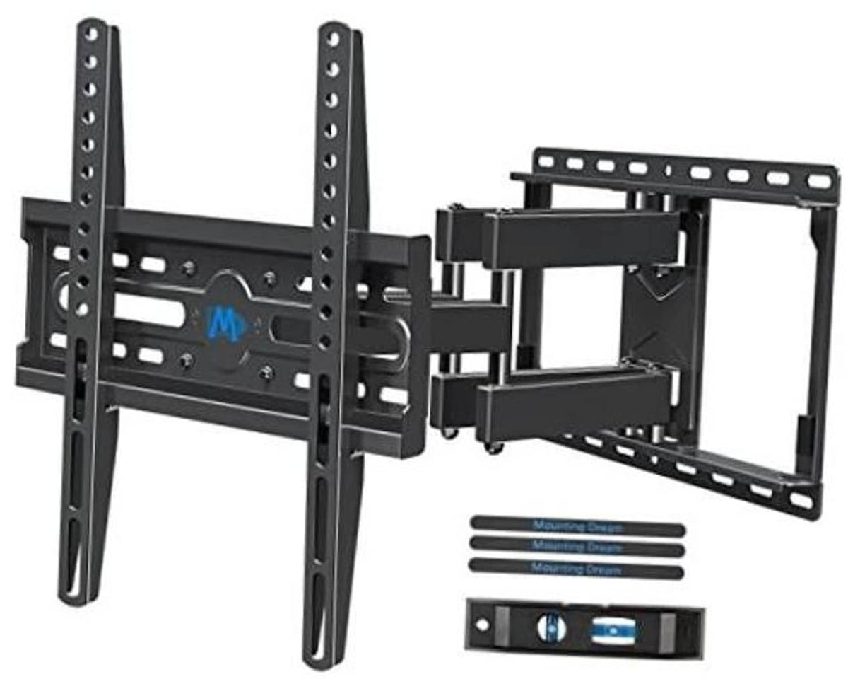 Black TV wall mount bracket with two vertical rails and adjustable mounting arms