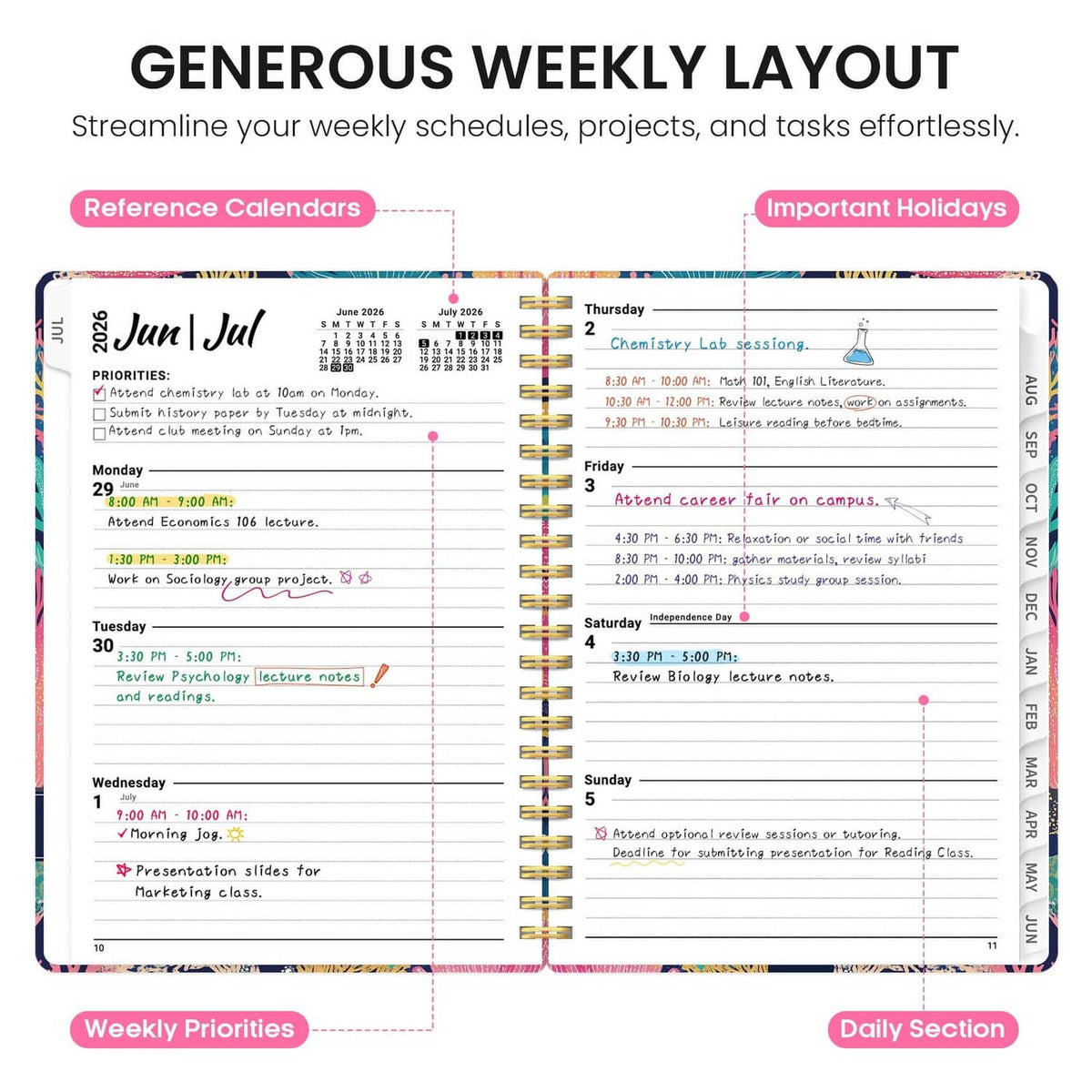 Weekly planner page spread with schedule blocks, priorities, and daily section layout