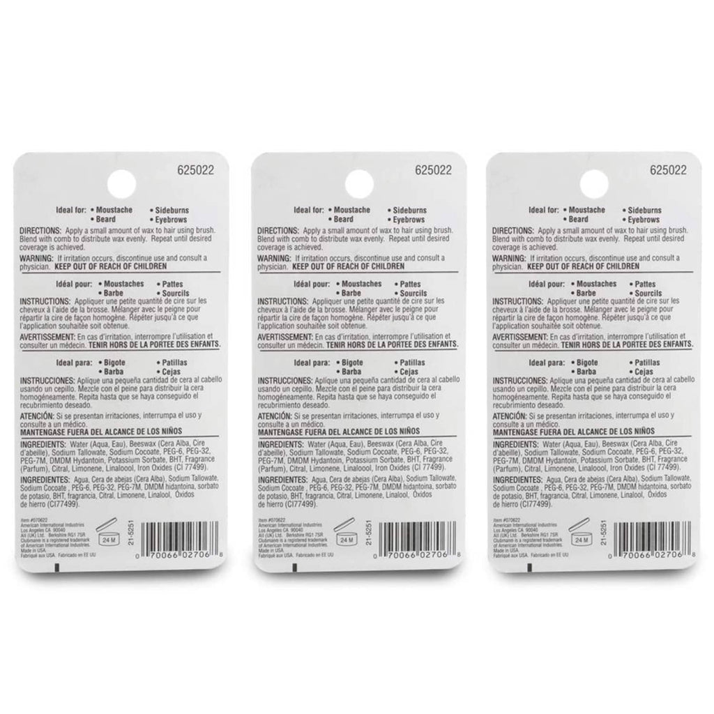 Back labels of three black mustache wax tubes with directions and ingredients