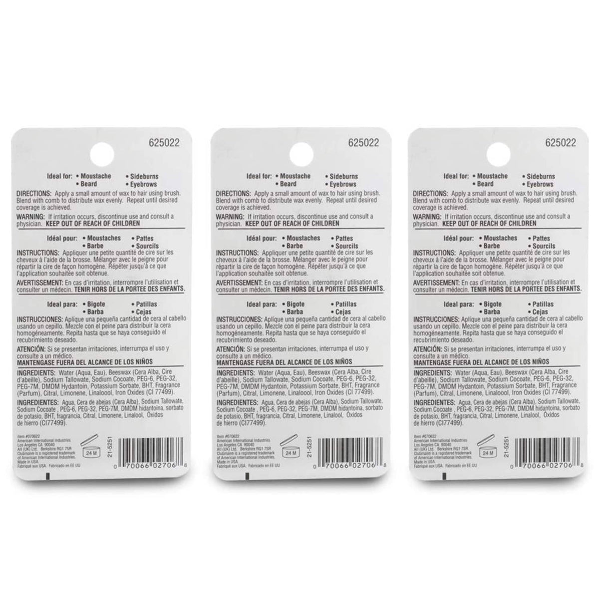 Back labels of three black mustache wax tubes with directions and ingredients