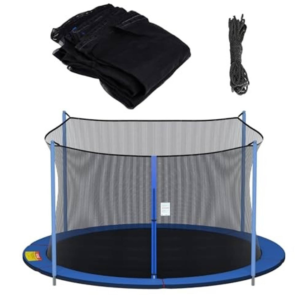 Trampoline replacement safety net with gray mesh panels and black top, shown on trampoline frame