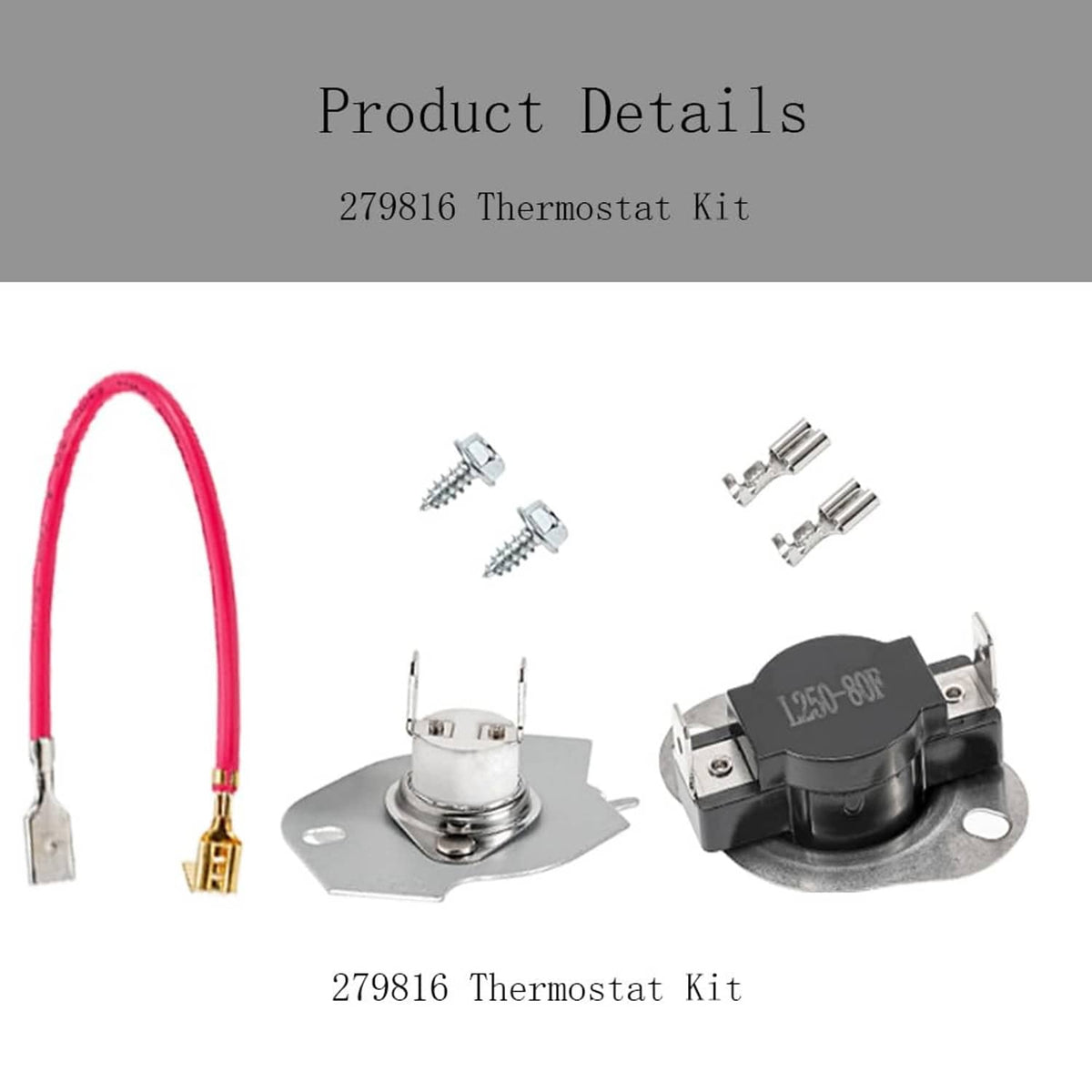 Dryer thermostat kit with red wire lead, metal plate, and black thermostat switch