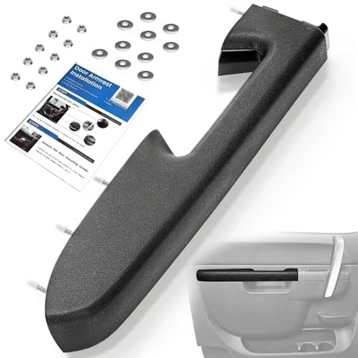 Black driver-side armrest repair kit with armrest cover and mounting hardware