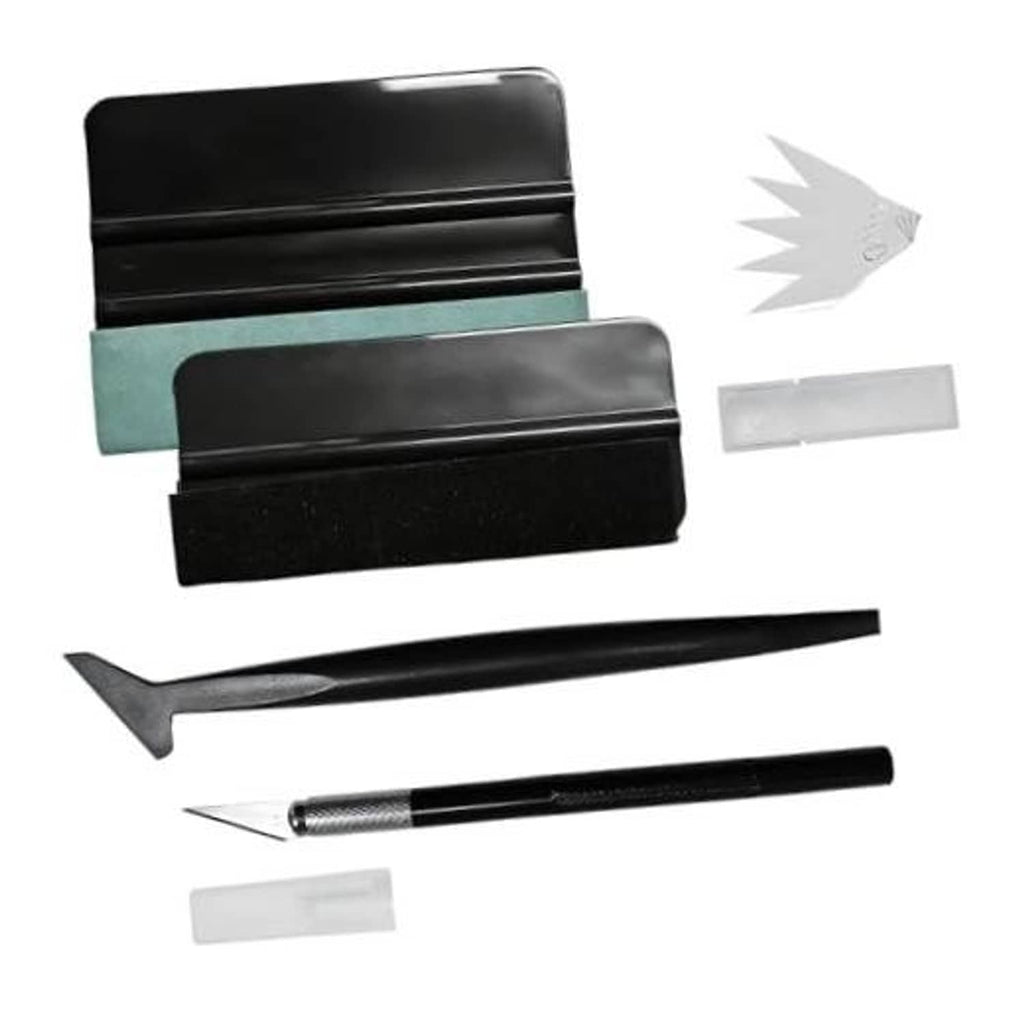 Car window tint installation kit with felt squeegee tools, scraper blades, and handle