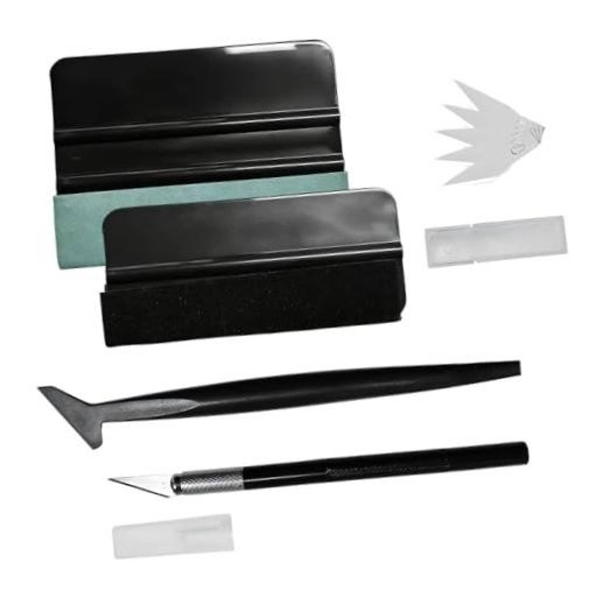 Car window tint installation kit with felt squeegee tools, scraper blades, and handle