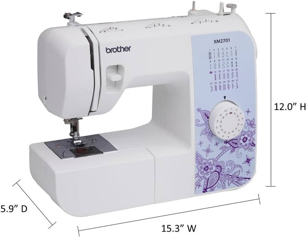 White portable sewing machine with side view and purple stitch settings panel