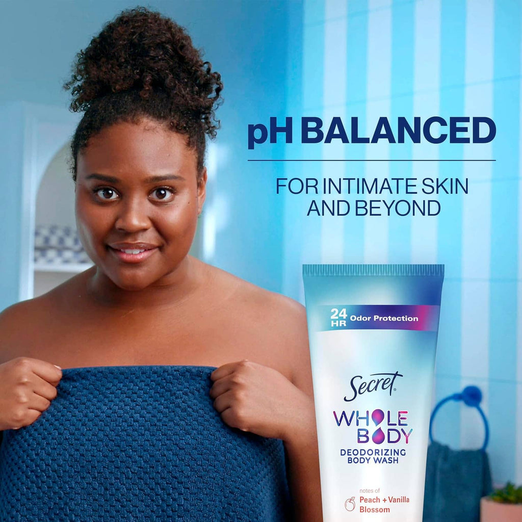 Secret Whole Body deodorizing body wash tube, pH balanced for intimate skin