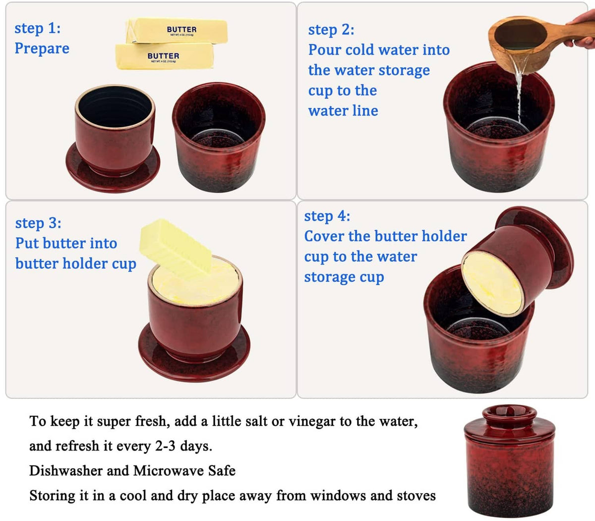 Step-by-step illustration of red butter crock with domed lid and butter holder cups.