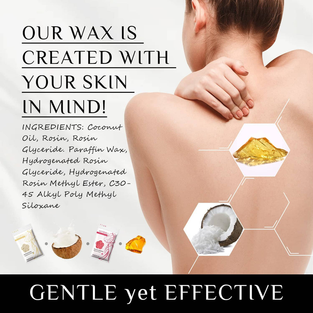 Gentle hard wax formula with ingredient visuals and skin application guidance
