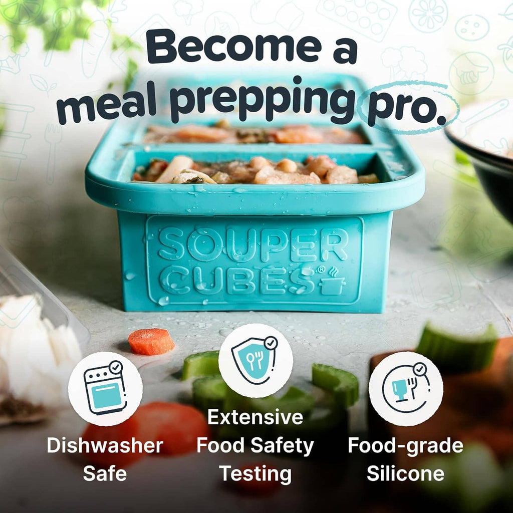 Teal silicone meal-prep portion container with lid, for freezer storage.