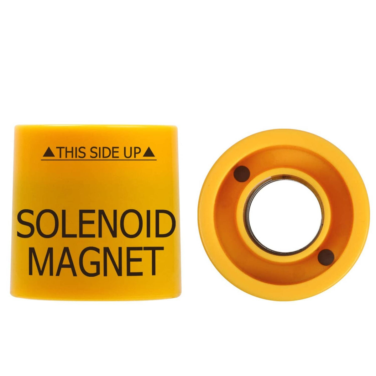 Yellow solenoid magnet tool with 'THIS SIDE UP' and 'SOLENOID MAGNET' text
