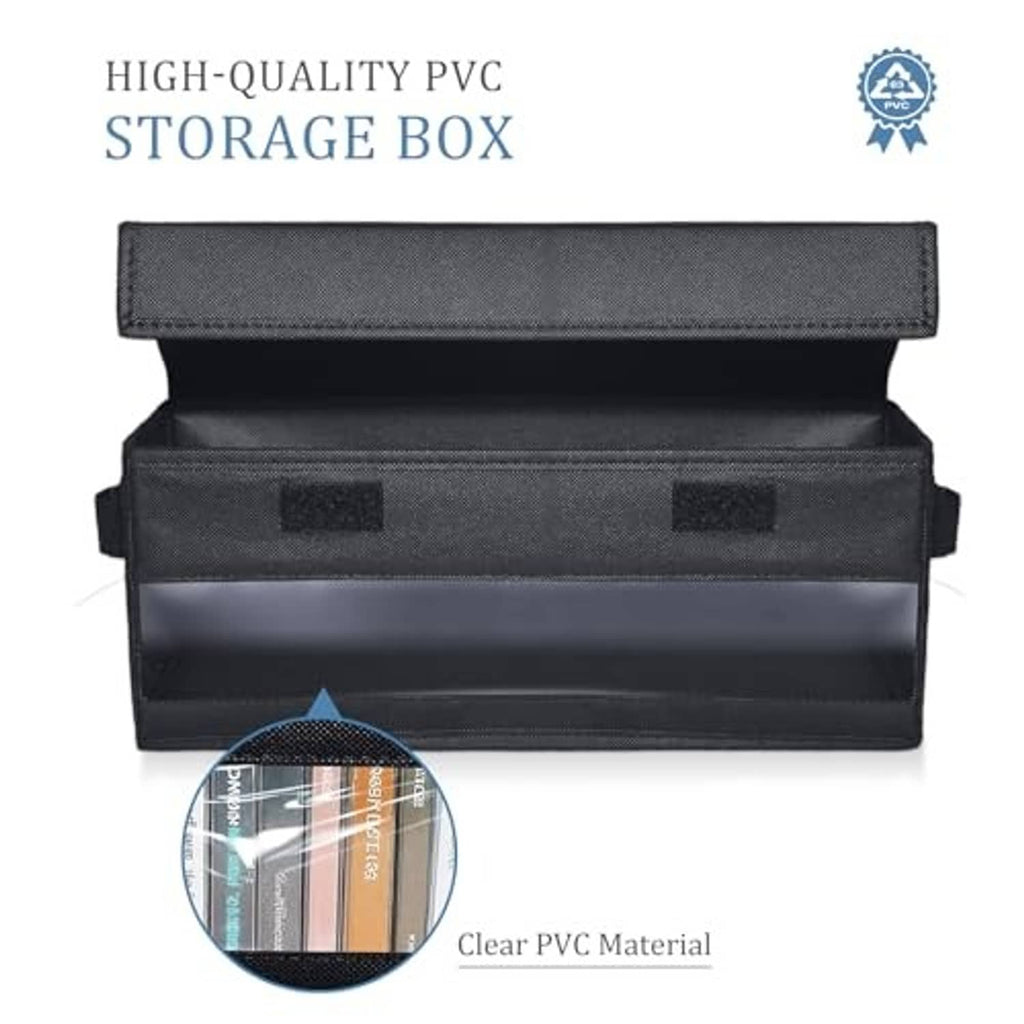 Black PVC media storage box with clear window front panel and open flip-top lid