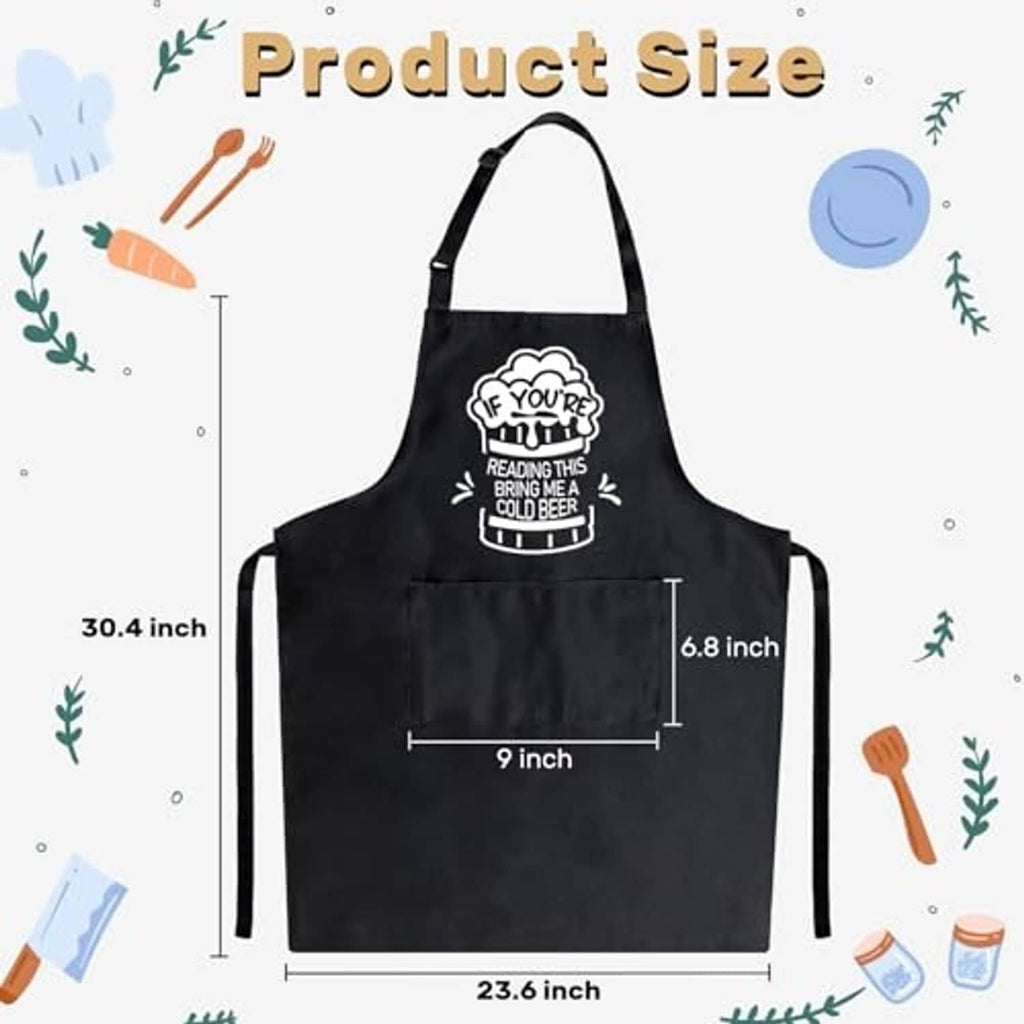 Black BBQ apron size diagram with beer quote logo and inch measurement markers