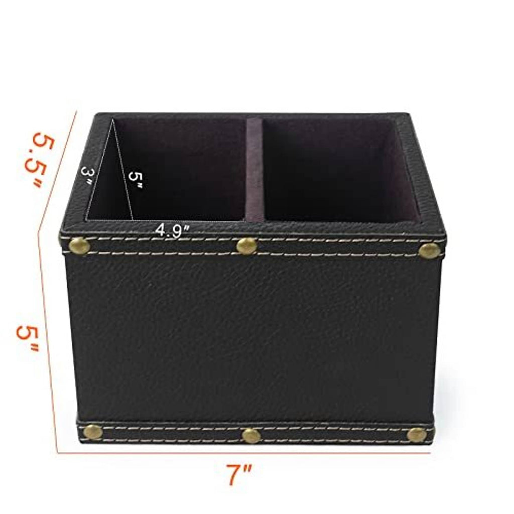Black leather remote control holder with two interior slots, stitched trim and brass studs