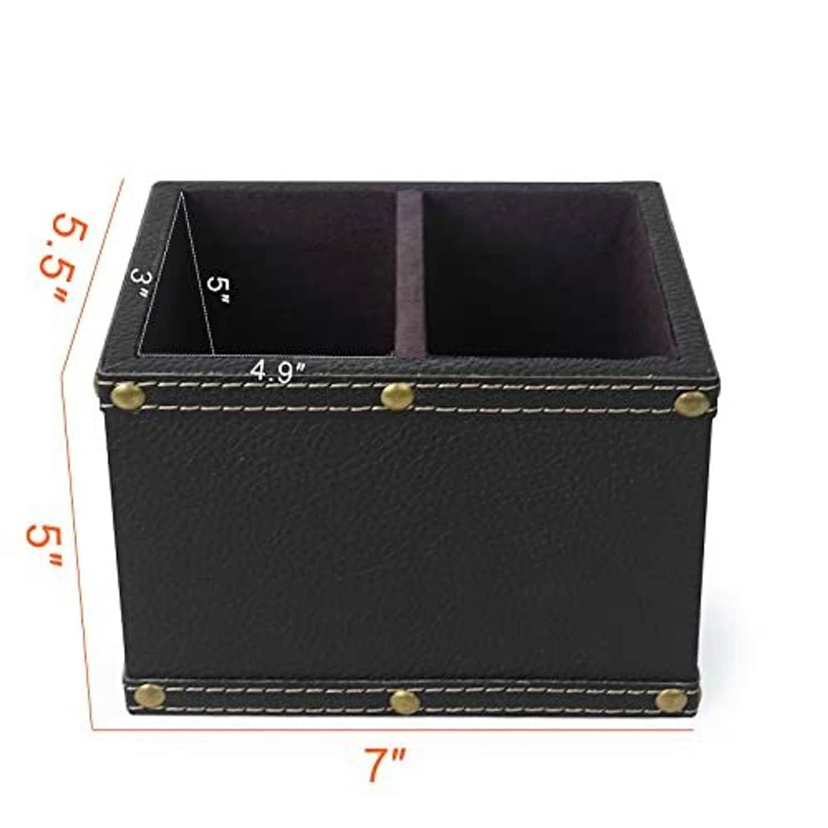 Black leather remote control holder with two interior slots, stitched trim and brass studs