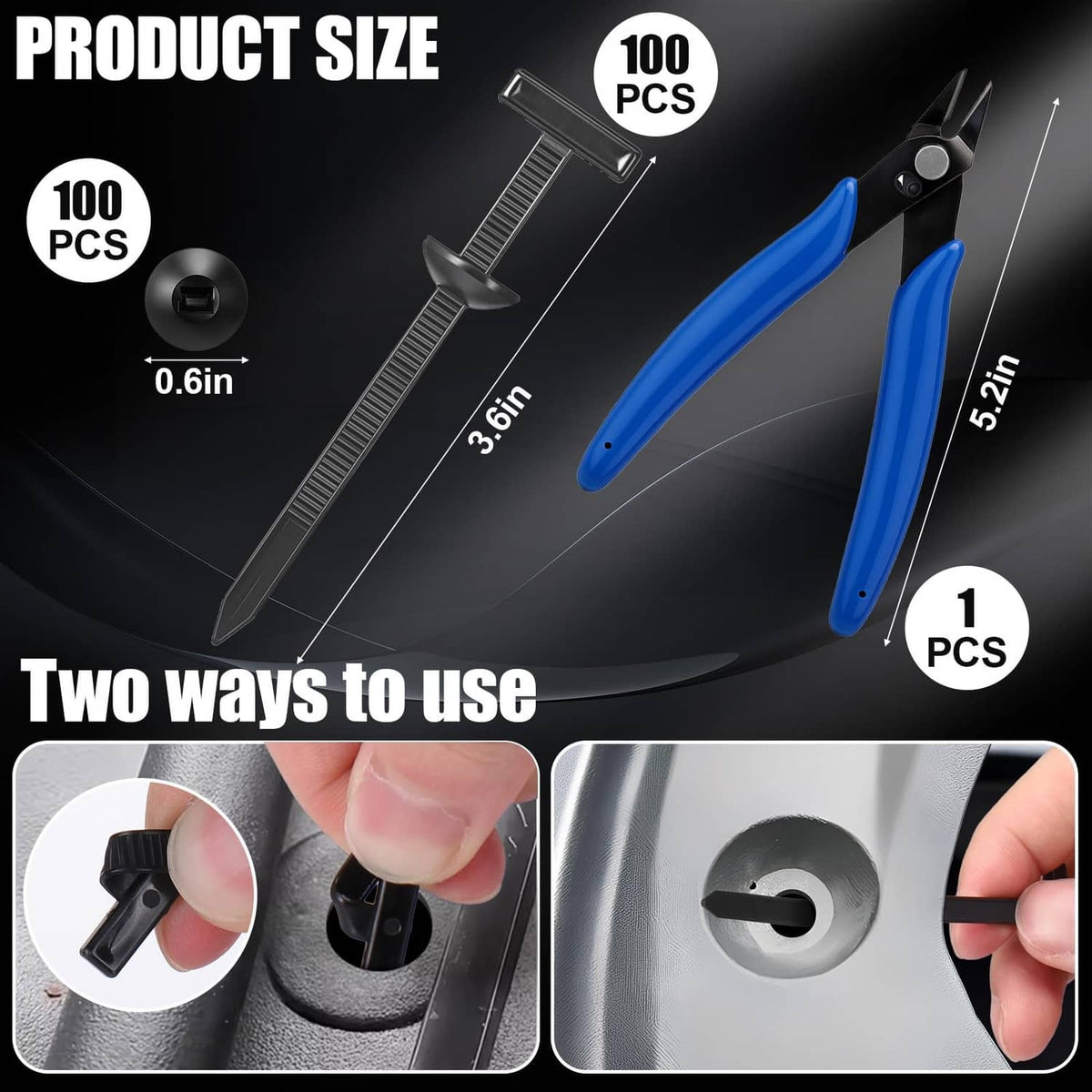 100-piece black nylon cable ties with one-way buckle and blue wire cutters