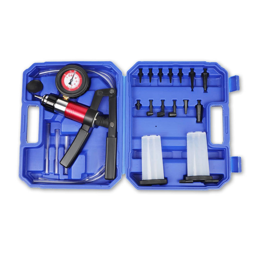 Vacuum brake bleeder kit case with pressure gauge and assorted adapters