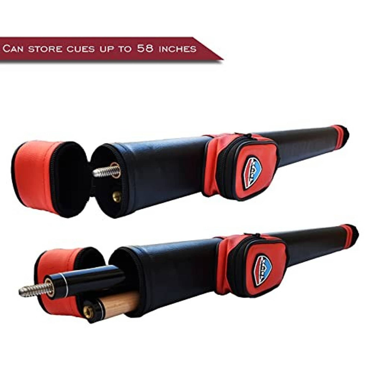 Hard pool cue case with end cap and red accessory pocket, with cues inserted