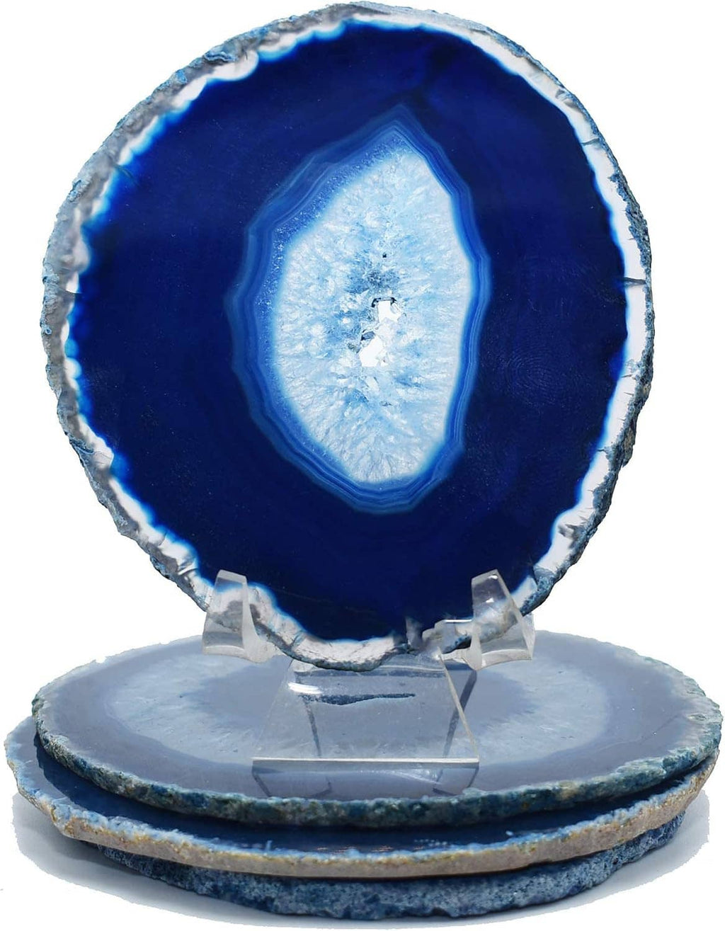 Round blue agate coaster with deep blue center and light stone banded layers