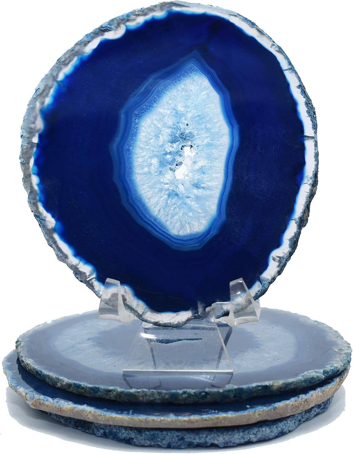 Round blue agate coaster with deep blue center and light stone banded layers