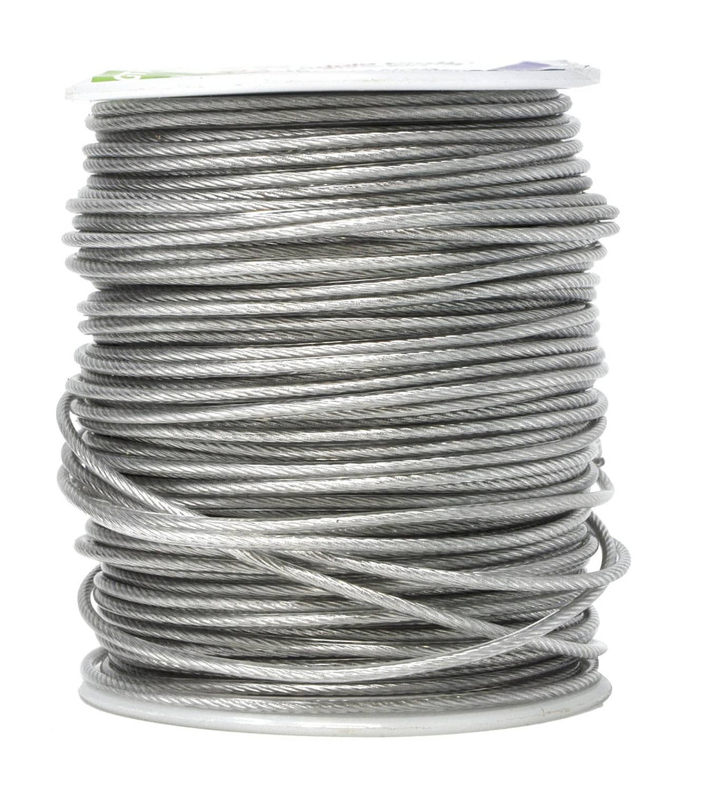 Heavy-duty picture hanging wire spool with gray coiled vinyl-coated stainless wire