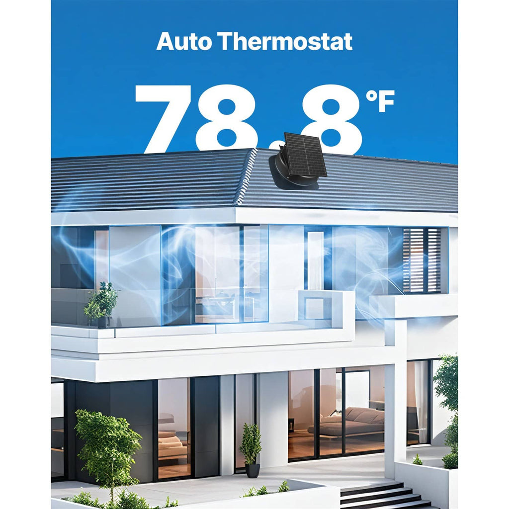 Solar roof attic exhaust fan with auto thermostat temperature indicator on roof