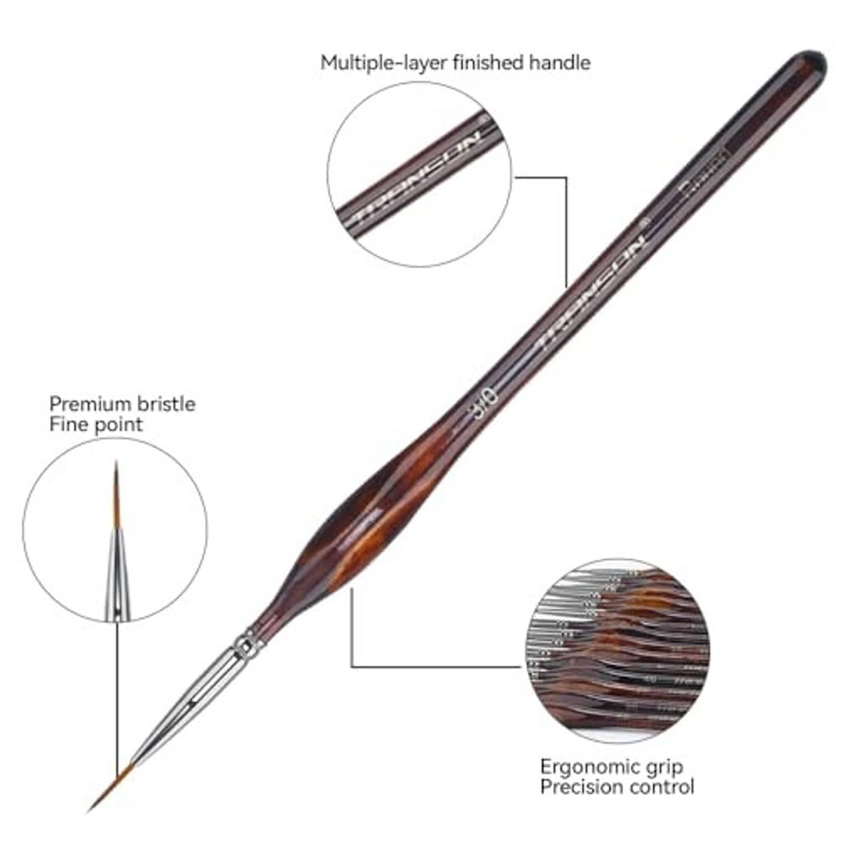 Single artist detail paint brush with fine pointed bristles and ergonomic grip