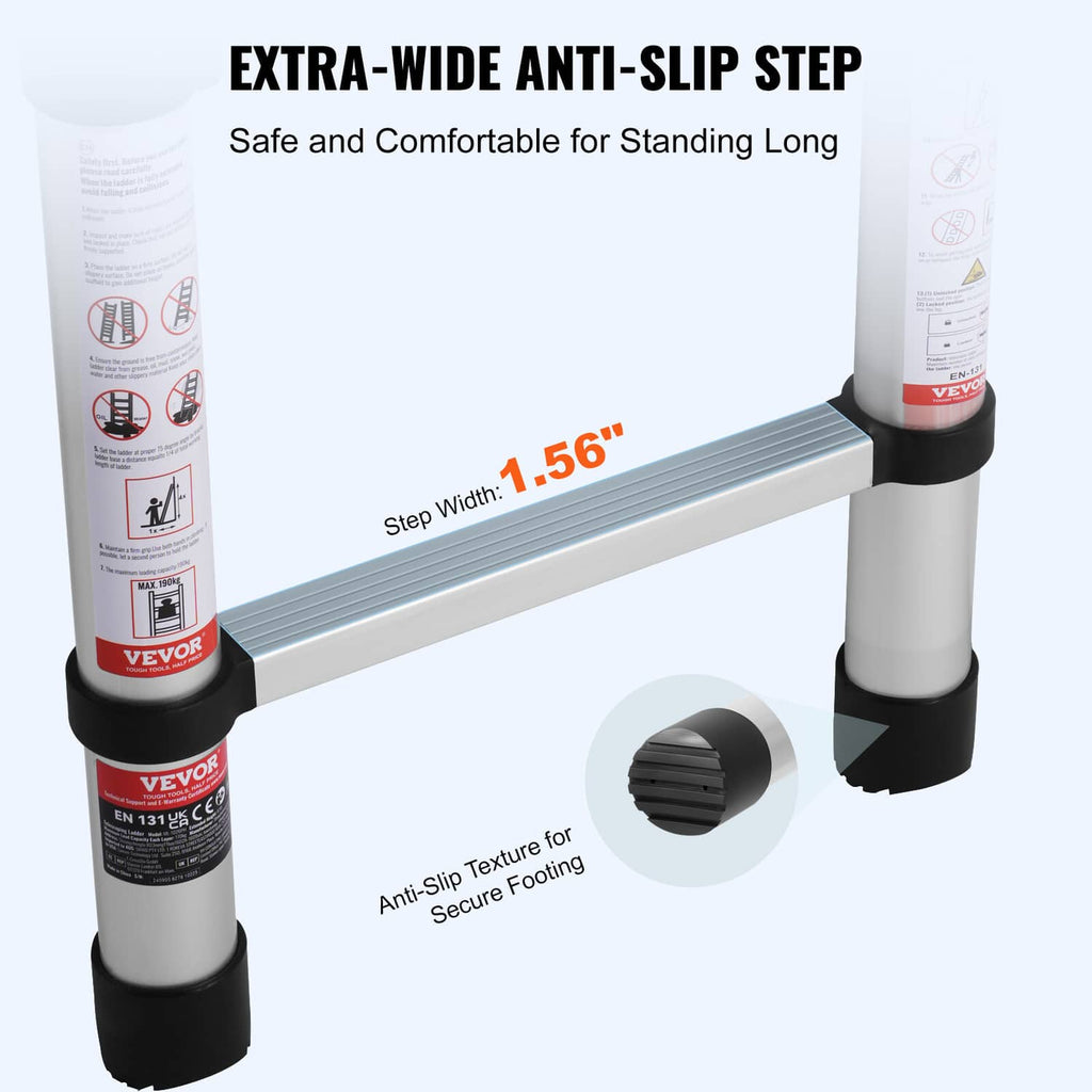 Wide anti-slip ladder step with textured gray tread and black base end caps