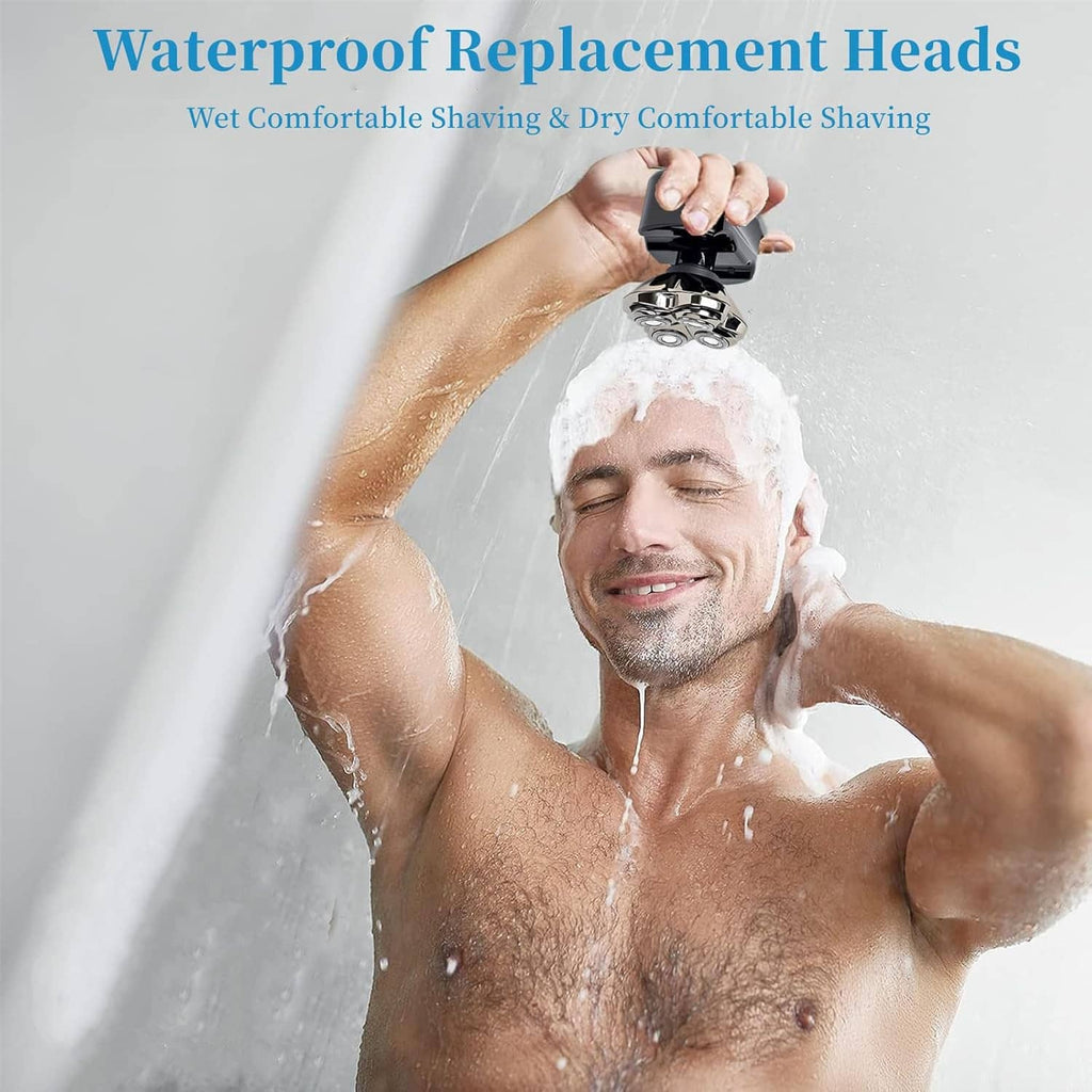 Waterproof replacement shaver head rinsed under shower water