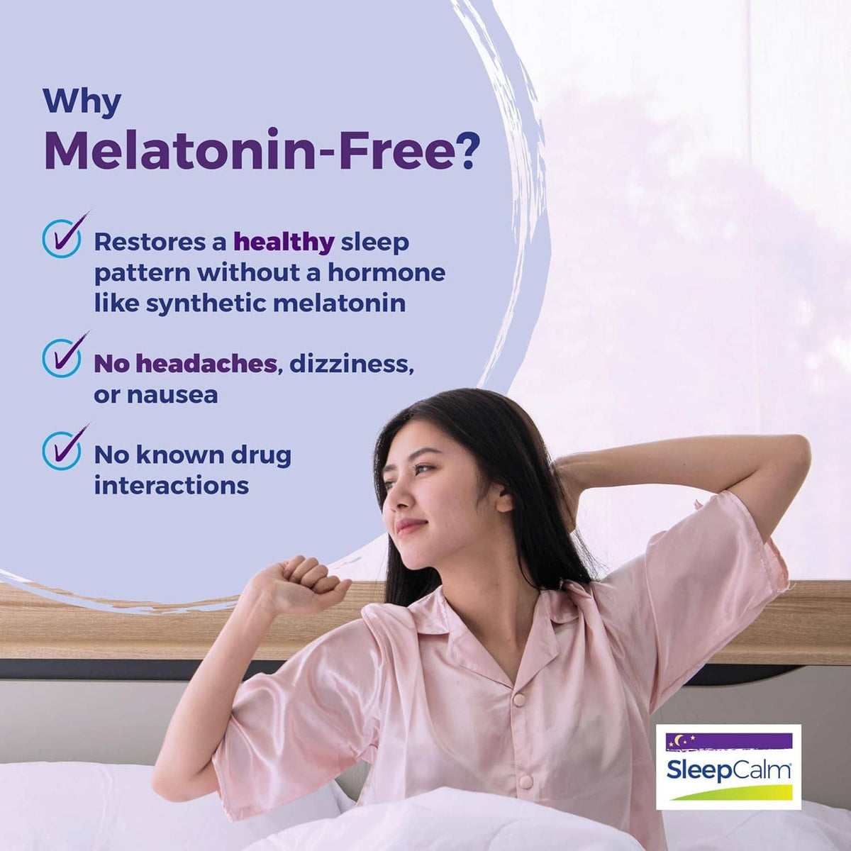 Melatonin-free sleep relief tablets box with adult in light pink pajamas relaxing