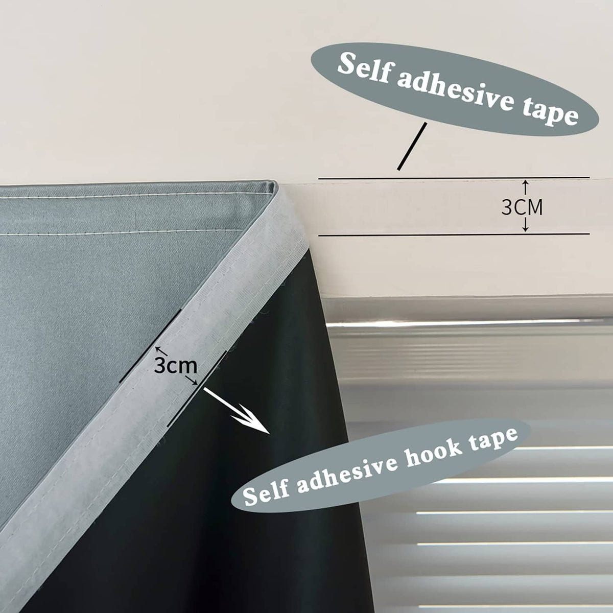 Silver-gray curtain corner showing self-adhesive tape strip and stitched edge