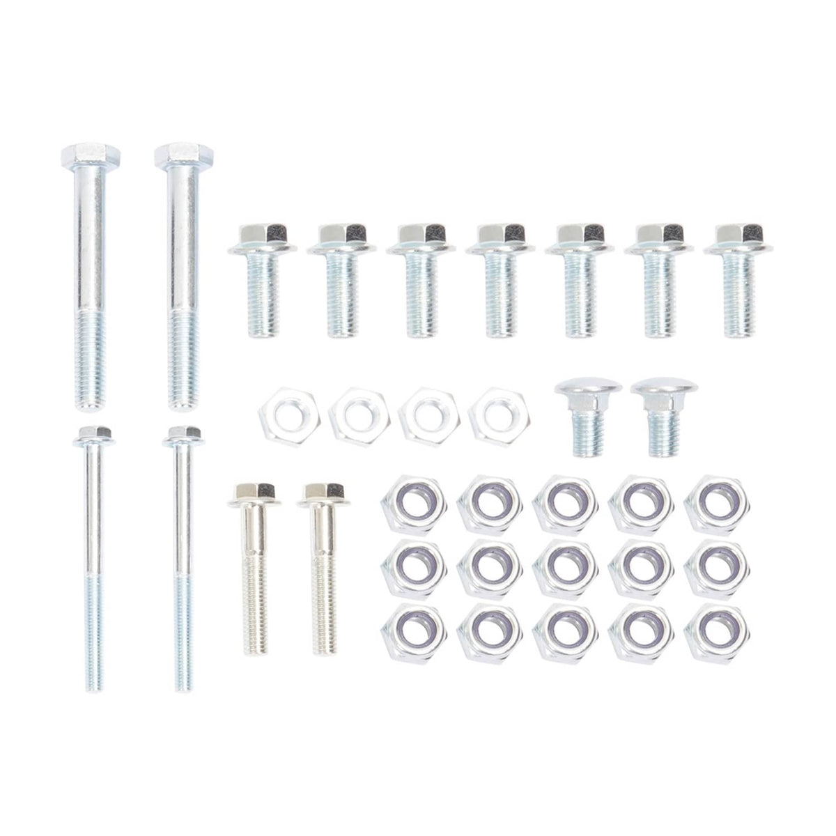 Hardware kit with silver bolts, screws, and nuts for trimmer rack holder