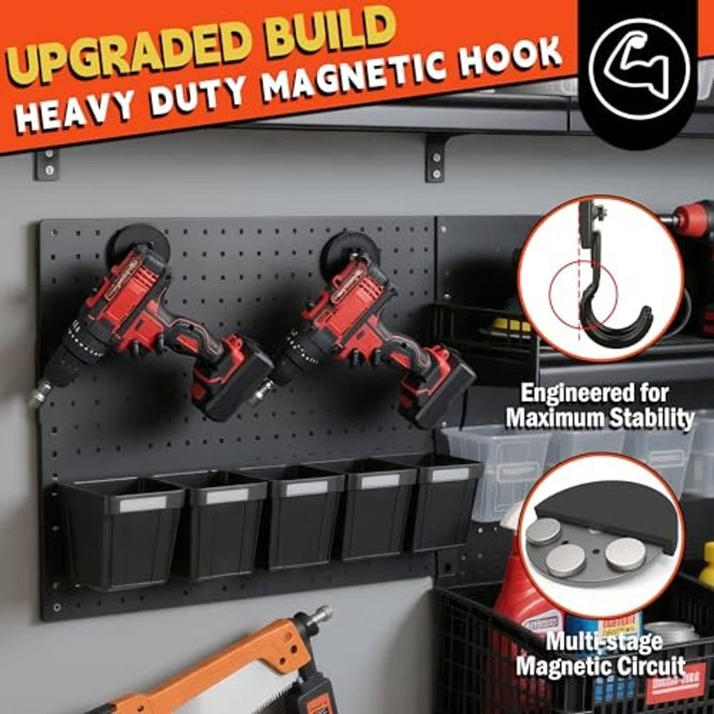 Black heavy-duty magnetic hooks mounted on a metal tool rack, two curved hangers each