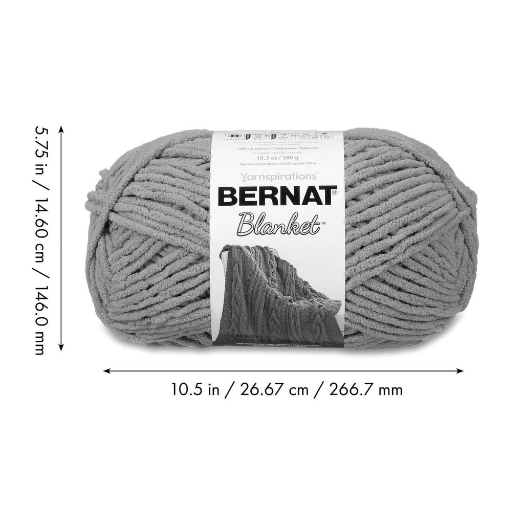 Gray Bernat Blanket super bulky yarn ball with label on textured chenille skein