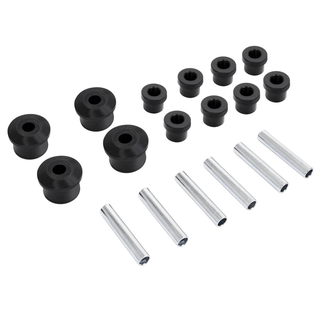 Leaf spring bushing kit components: black bushings and silver steel sleeves