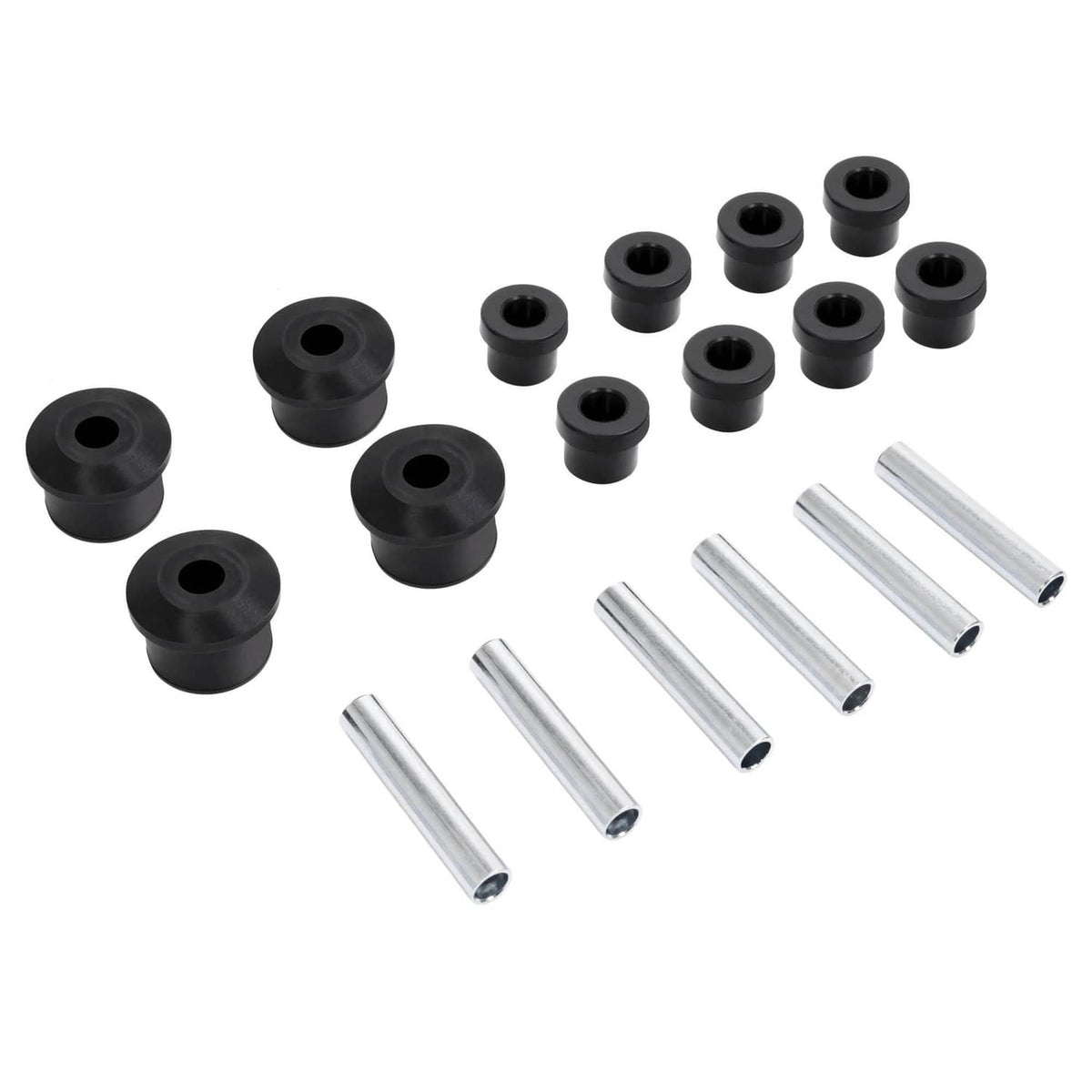 Leaf spring bushing kit components: black bushings and silver steel sleeves