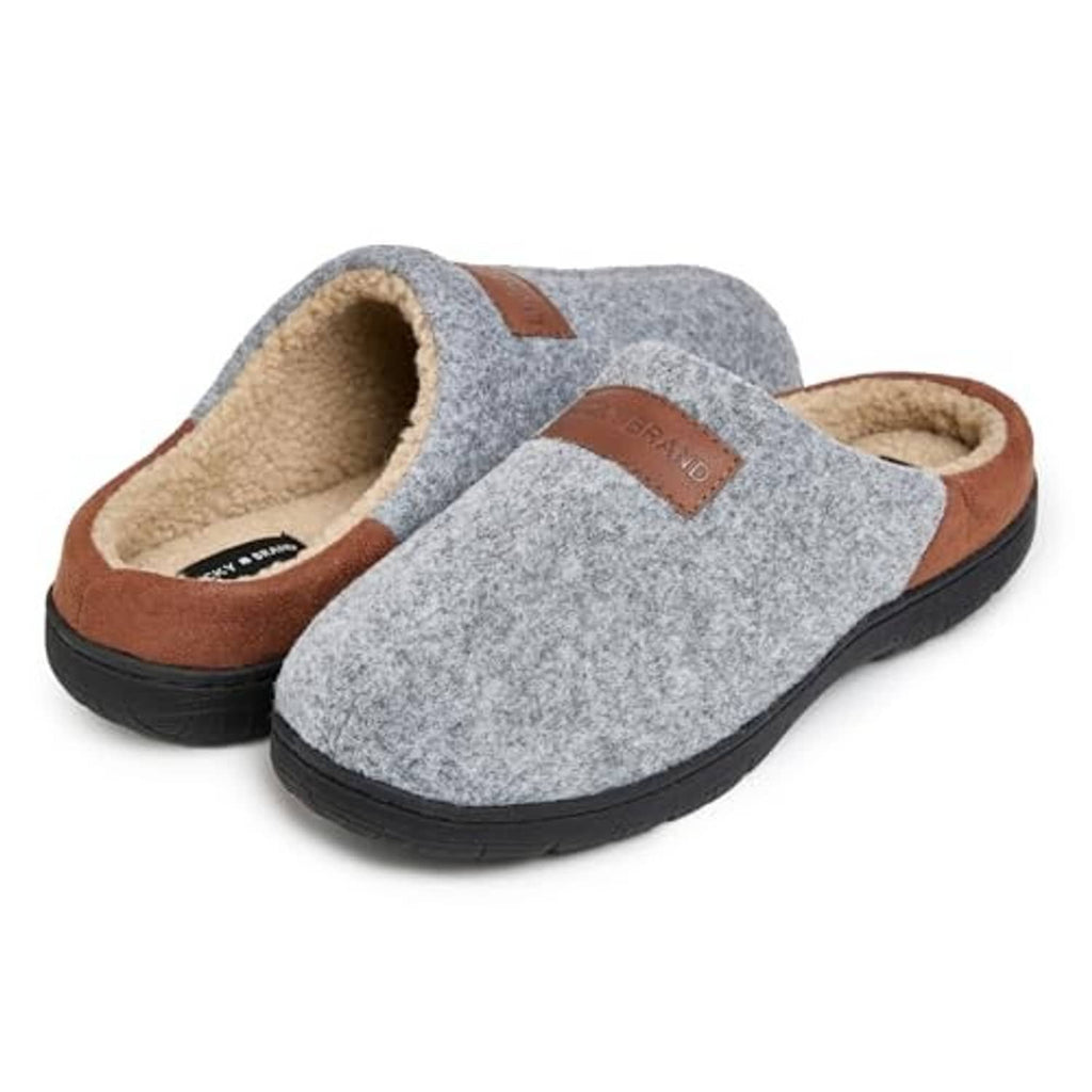 Two light grey fleece clog slippers with brown trim, side patches, and plush open back