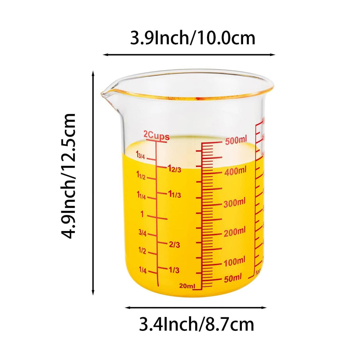 Clear 2-cup glass measuring cup, V-shaped spout; 4.9 in height, 3.4 in width
