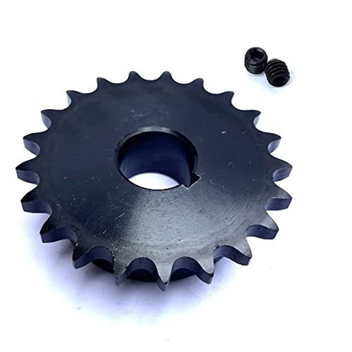 #40 roller chain sprocket with central bore and teeth, dark steel finish, with two screws