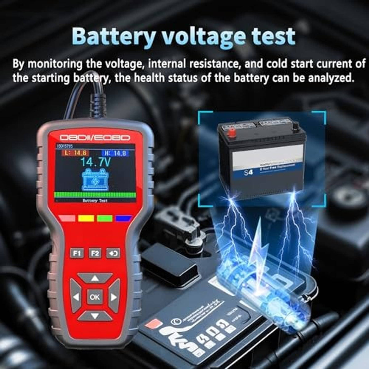 Handheld OBD2 scanner with red screen showing battery voltage test bars