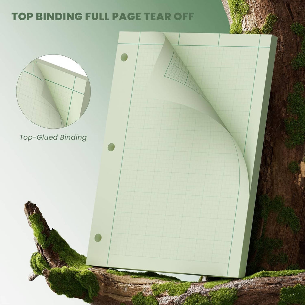 Green engineering graph paper pad with top-glued binding and open sheet