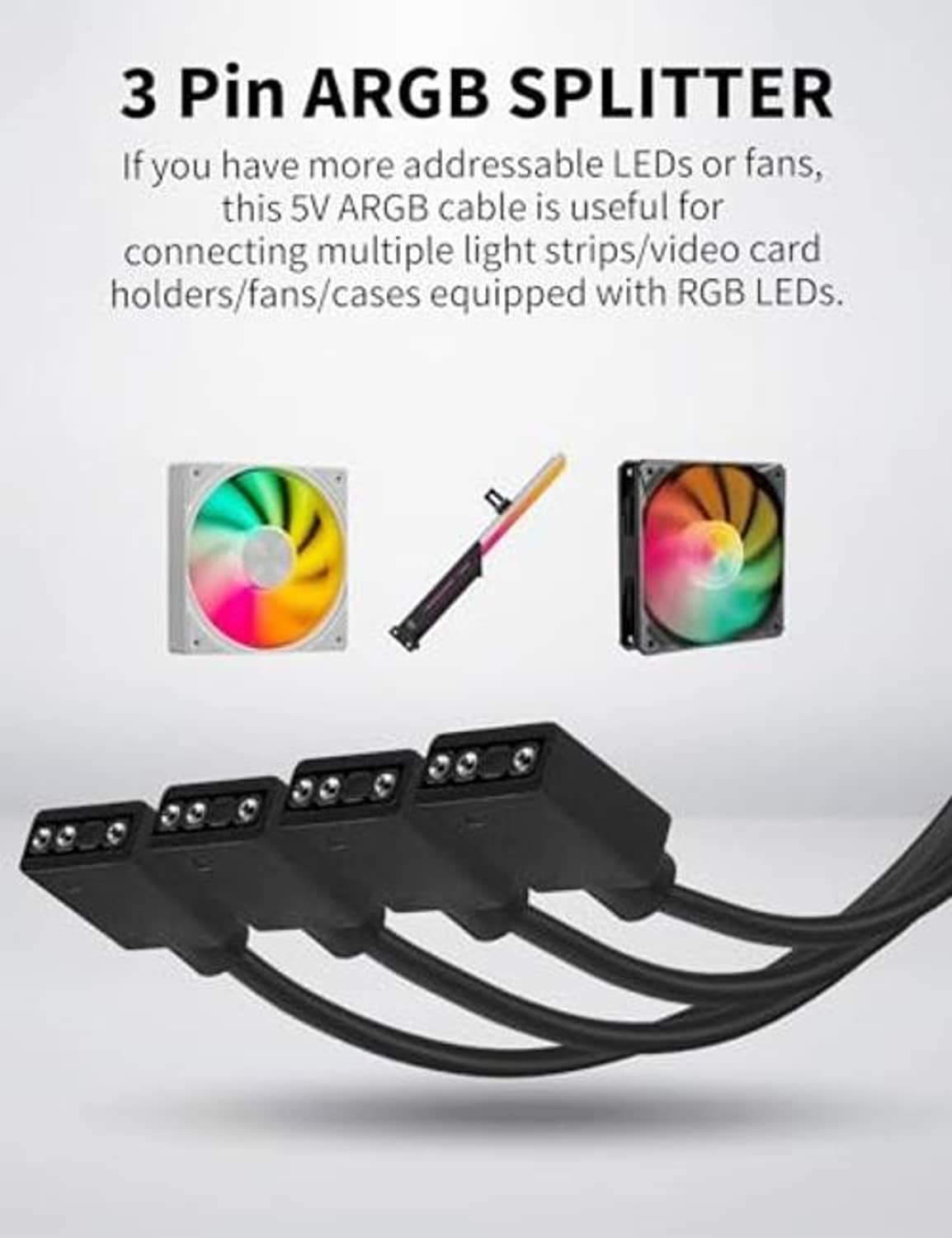 3-pin ARGB splitter cable with four output ports and bundled black wiring